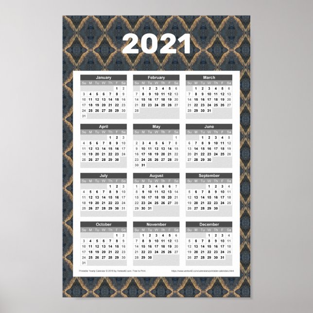 Affiche Calendrier mural de l'année 2021 - Élégant foncé (Devant)