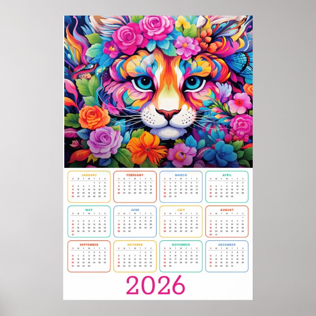 Affiche Calendrier mural du Tigre 2026 : Fierce & Flourish (Devant)
