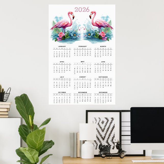 Affiche Calendrier mural Flamant Rose Romance Tropical : 2 (Bureau à domicile)