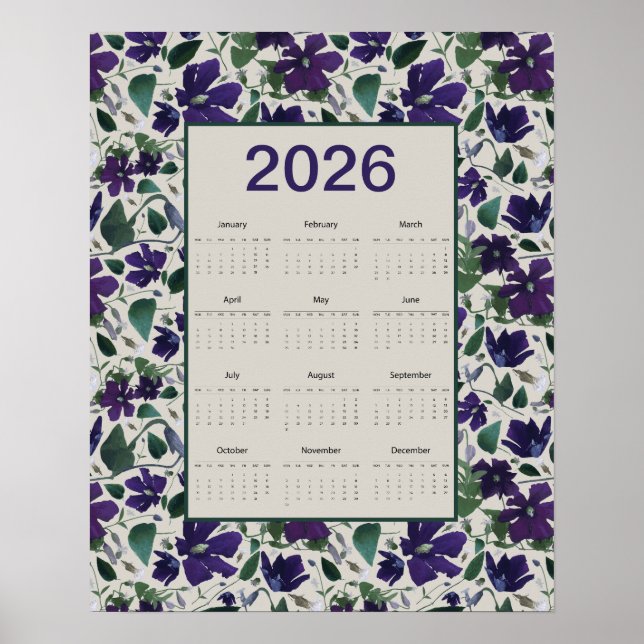 Affiche Calendrier mural Fleurs de Clématite Violette 2026 (Devant)