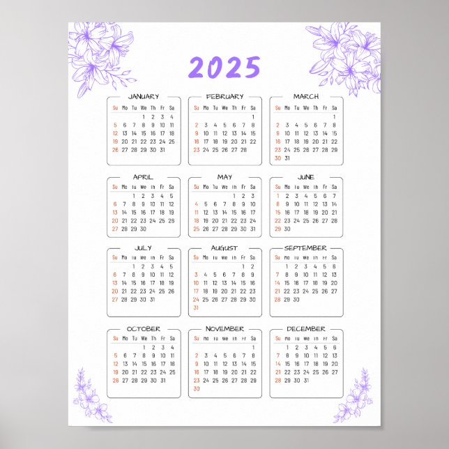 Affiche Calendrier mural minimal 2025 Fleurs violettes Aff (Devant)