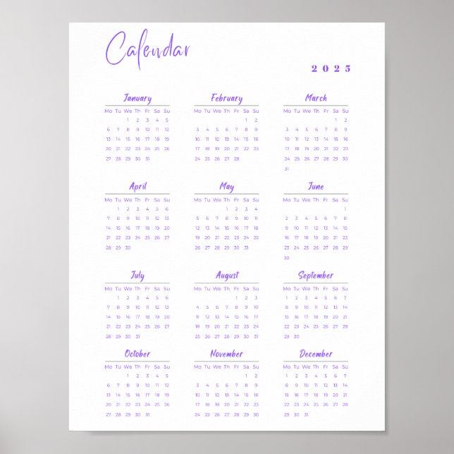 Affiche Calendrier mural minimaliste 2025 violet du lundi  (Devant)