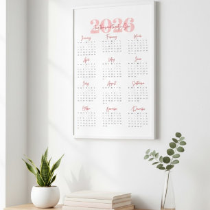 Affiche Calendrier mural moderne 2026   Minimaliste rose e