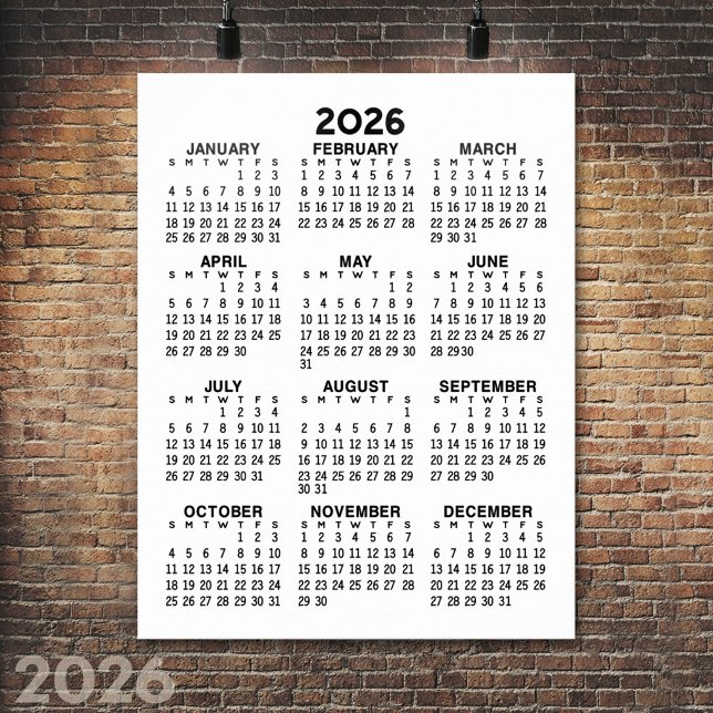 Affiche Calendrier - Noir et Blanc Minimal Basique (2026 Calendar Poster)