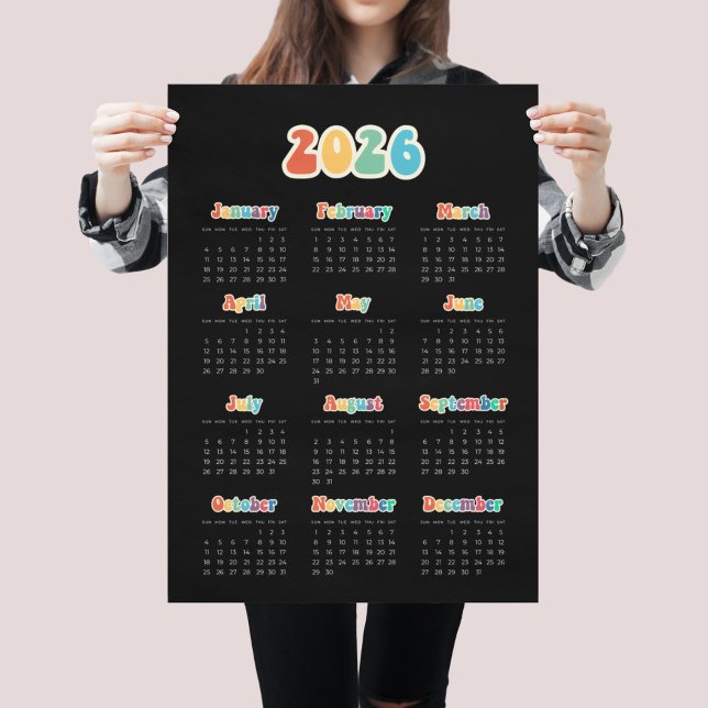Affiche Calendrier noir Hippie 2025 des années 60 rétro (Créateur téléchargé)