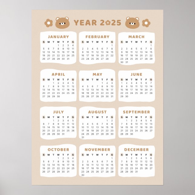 Affiche Calendrier Ourson Mignon 2025 (Devant)