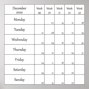 Affiche calendrier planificateur décembre 2020 avec numéro