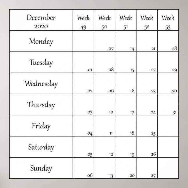 Affiche calendrier planificateur décembre 2020 avec numéro (Devant)