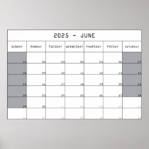 Affiche calendrier planificateur juin 2025 grand espace de