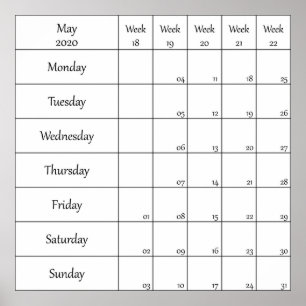 Affiche calendrier planificateur mai 2020 avec numéro de s