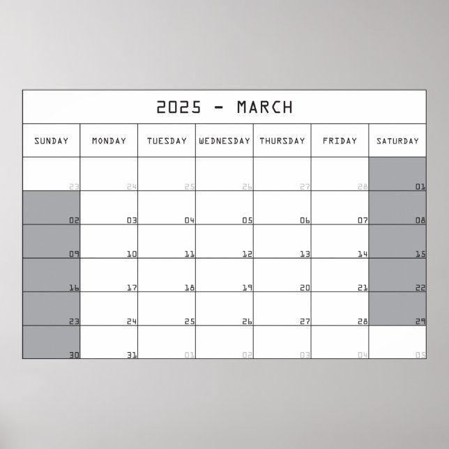 Affiche calendrier planificateur mars 2025 grand espace de (Devant)