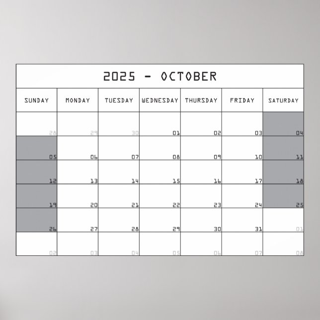 Affiche calendrier planificateur octobre 2025 grand espace (Devant)