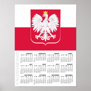 Affiche Calendrier Pologne 2027, Grand, Drapeau Polonais,