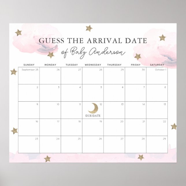 Affiche Calendrier pour deviner la date prévue Nuages rose (Devant)