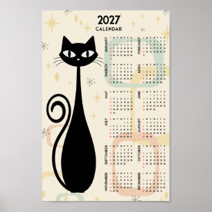 Affiche Calendrier rétro atomique 2027 Chat noir milieu du