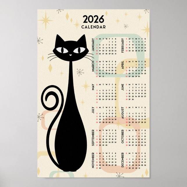 Affiche Calendrier rétro atomique Black Cat Mid Century 20 (Devant)