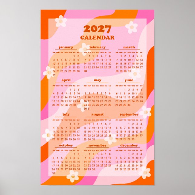 Affiche Calendrier Rétro Groovy Wave 70s Style Hippie 2027 (Devant)