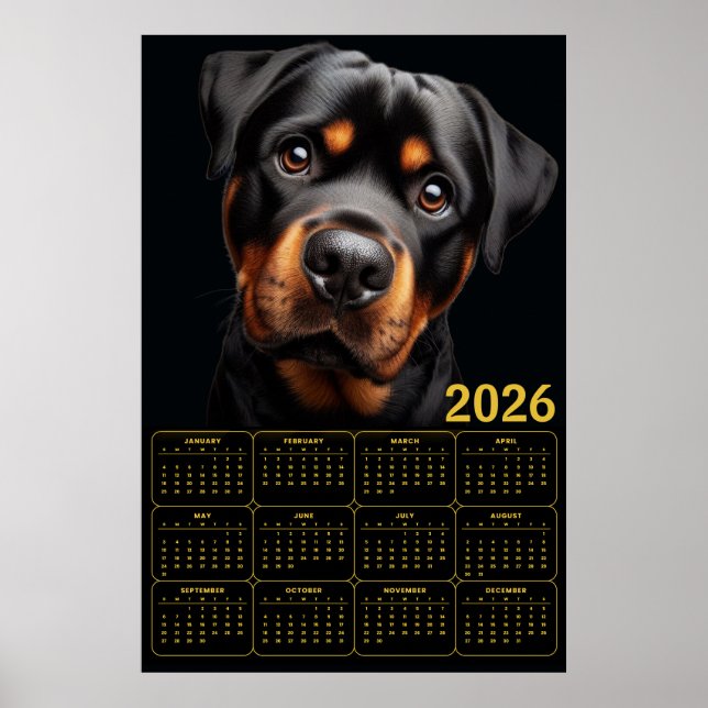 Affiche Calendrier Rottweiler 2026 Audacieux (Devant)