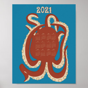 Affiche Calendrier rouge et bleu octopus 2021