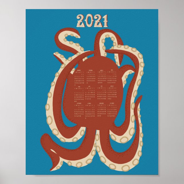 Affiche Calendrier rouge et bleu octopus 2021 (Devant)