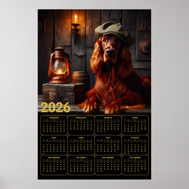 Affiche Calendrier rustique 2026 de l'Irish Setter en bére (Devant)