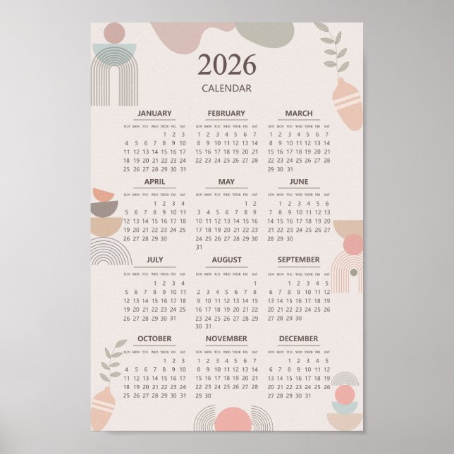 Affiche Calendrier scandinave 2026 Esthétique Bohème Beige (Devant)