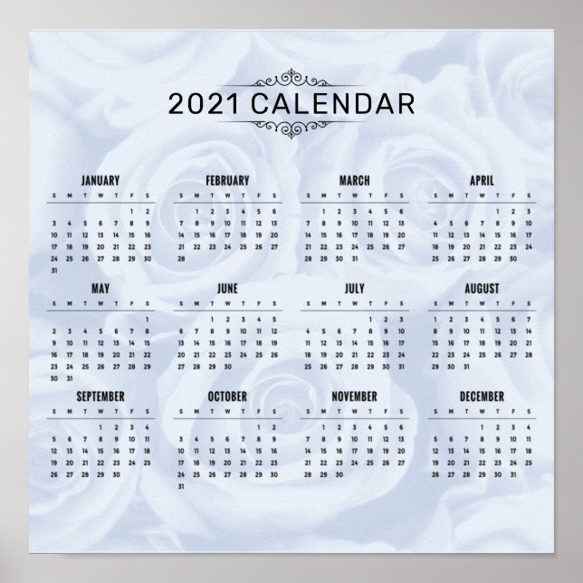 Affiche Calendrier simple 2021 sur la florale blanche | Po (Devant)