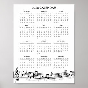 Affiche Calendrier simple 2026 avec notes de musique   