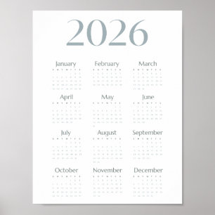 Affiche Calendrier simple 2026 bleu-gris moderne sur une p