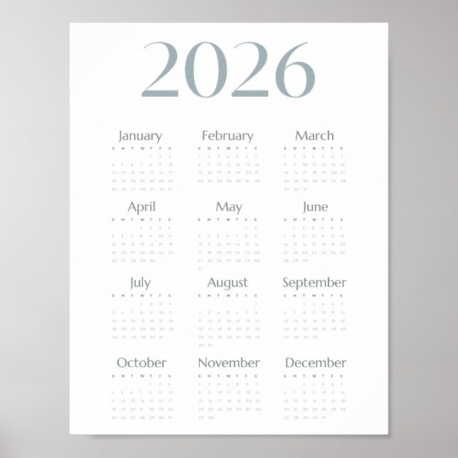 Affiche Calendrier simple bleu-gris moderne 2026 sur une p (Devant)