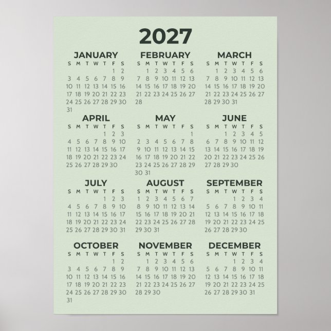 Affiche Calendrier Simple de Base Vert Sauge 2027 (Devant)