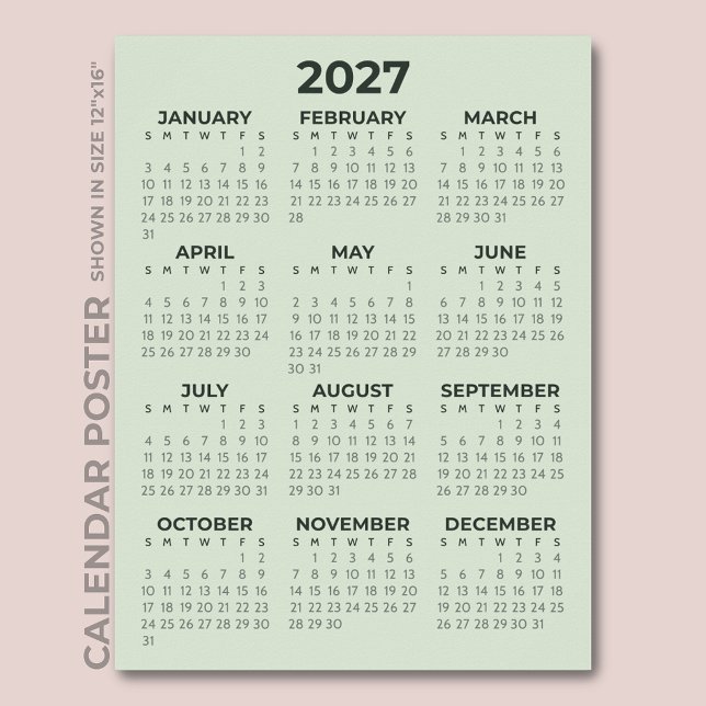 Affiche Calendrier Simple de Base Vert Sauge 2027 (Créateur téléchargé)