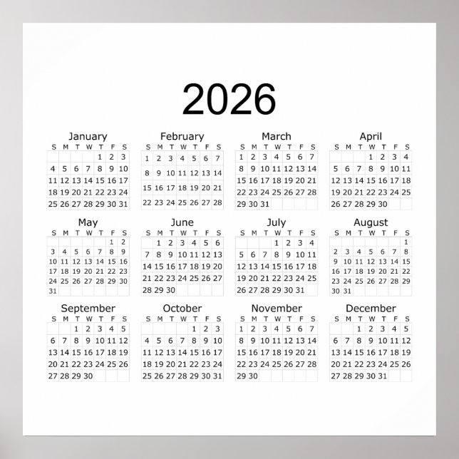 Affiche Calendrier Simple Minimaliste 2026 (Devant)