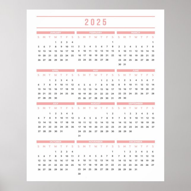 Affiche Calendrier simple rose 2025 (Devant)