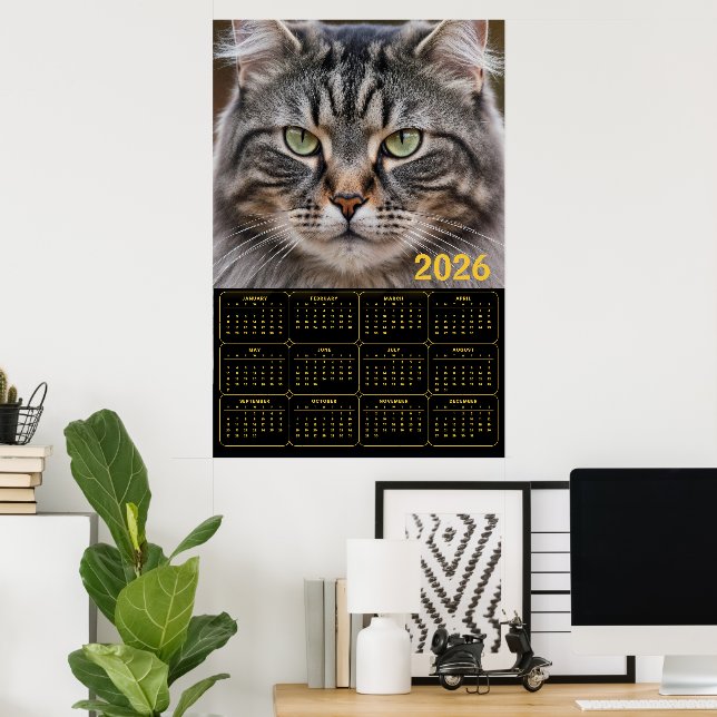 Affiche Calendrier Tabby 2026 : Regard Moustachu (Bureau à domicile)