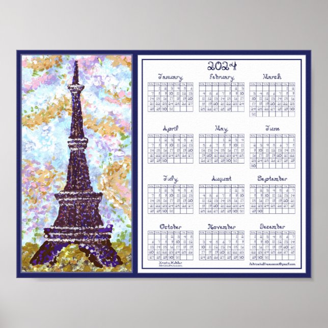 Affiche Calendrier Tour Eiffel 2024 Paysage de la tour Eif (Devant)
