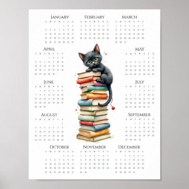 Affiche Calendrier une page 2026 avec chat noir et livres (Devant)