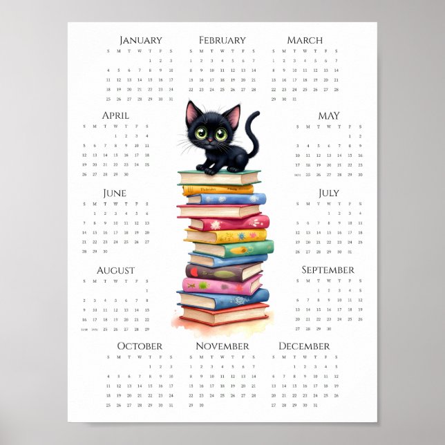 Affiche Calendrier une page 2026 Chat noir sur livres colo (Devant)