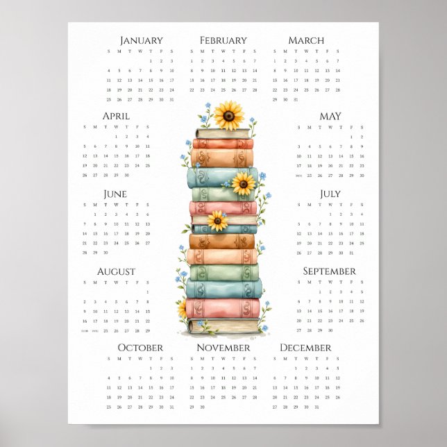 Affiche Calendrier une page 2026 Livres empilés et tournes (Devant)