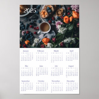 Affiche Calendrier vintage 2025. Fleurs de café Croissants