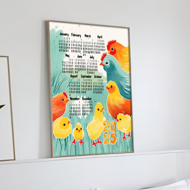 Affiche Calendrier Whimsical Poulet 2025 Cute Chicks Paste (2025 Chicken calendar poster with whimsical watercolor farm animals, adorable inviting and cheerful)