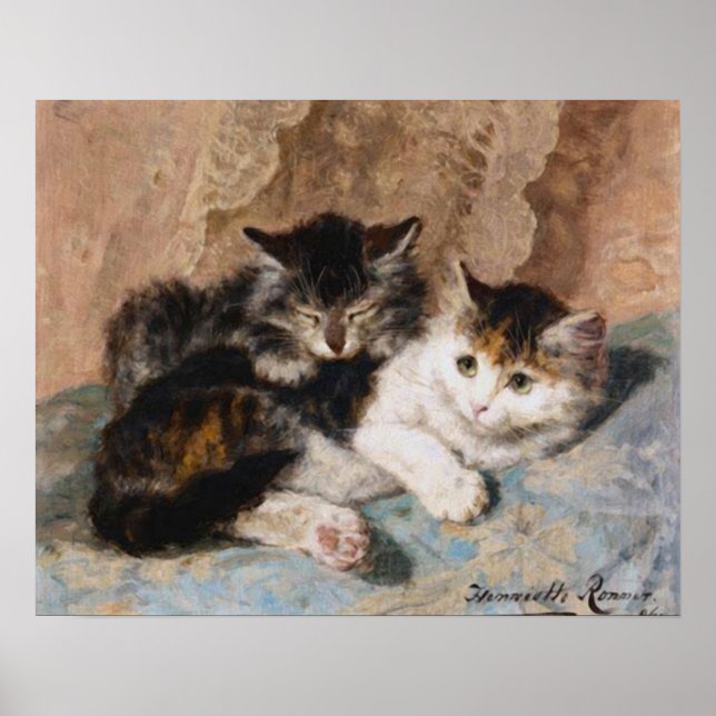 Affiche Calico Cat et Grey Kitten Peinture d'art fine (Devant)