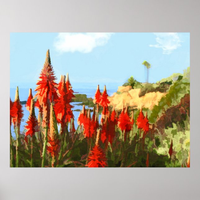 Affiche California Coastline & Red Hot Poker Plantes (Devant)