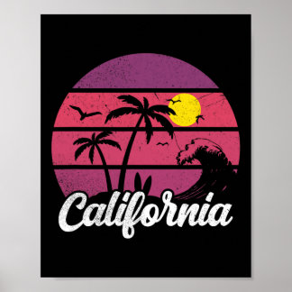 Affiche California Retro Sunset Wave Surfboard Beach Surfi