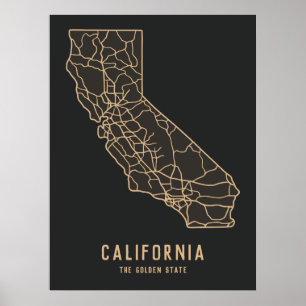 Affiche California US State road map - golden state map