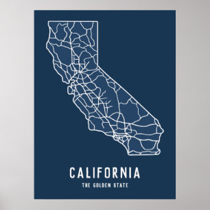 Affiche California US State road map - golden state map