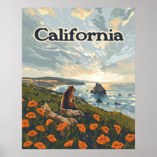 Affiche Californie Bear Poppies Fleurs Côte Retro