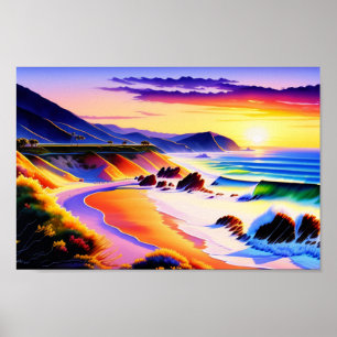 Affiche Californie Coastline Sunset Watercolor