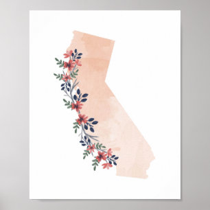 Affiche Californie Floral Watercolor State