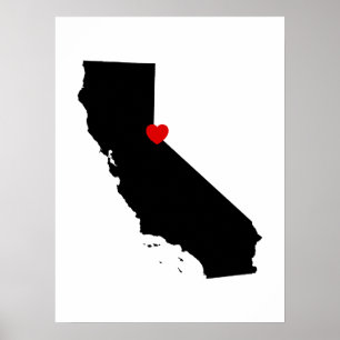 Affiche Californie noire et blanche avec Coeur Rouge